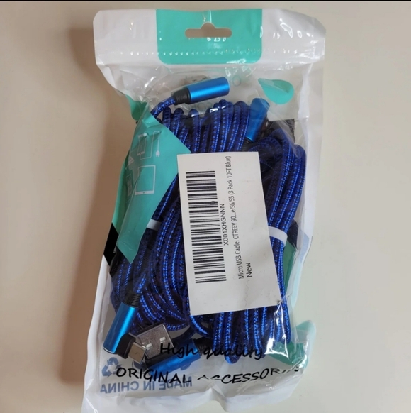 Micro USB 3 Pack of Blue 10 Foot Braided Charging Cables NEW in Packaging - Picture 1 of 5